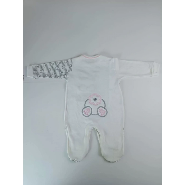 Minik Tavşan Nakışlı Boydan Çıtçıt Kapamalı Kız Erkek Bebek Tulumu Ekru