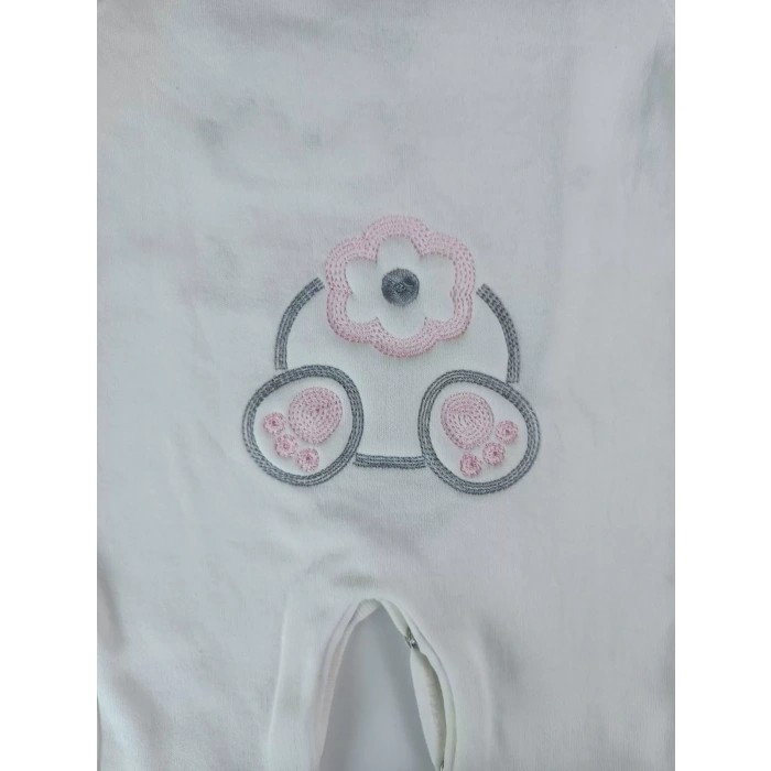 Minik Tavşan Nakışlı Boydan Çıtçıt Kapamalı Kız Erkek Bebek Tulumu Ekru