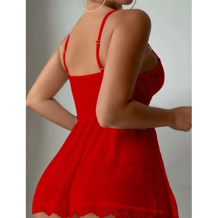 Özel Tasarım Kırmızı Dantel İşlemeli Tül Fantezi Gecelik