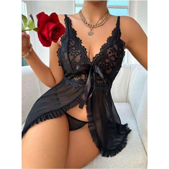 Özel Tasarım Siyah Dantel İşlemeli Yırtmaçlı Kurdelalı Tül Fantezi Şık Gecelik