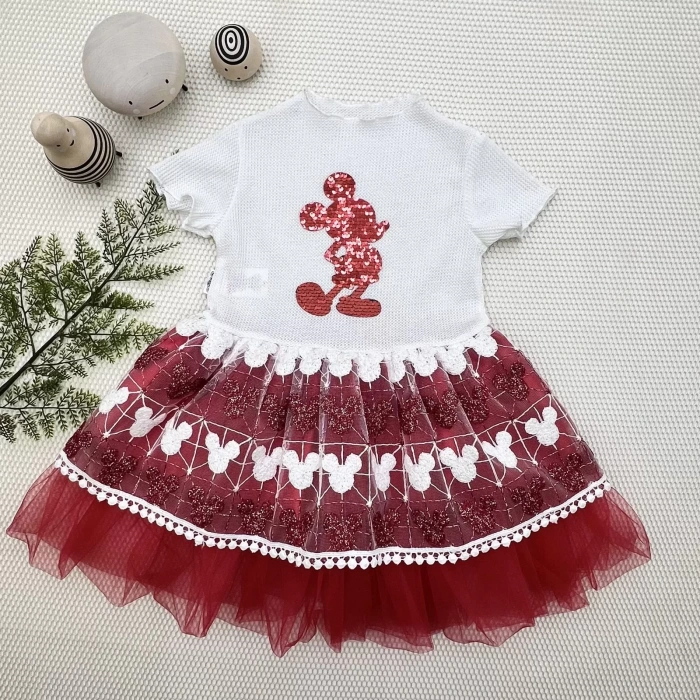 Petli Mickey Baskılı Brode Etekli Kız Bebek Elbisesi Kırmızı
