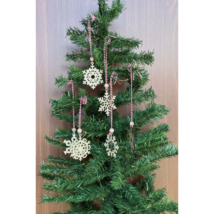 Pilli Peri Ledli 6 Parça Kırmızı Beyaz İpli Kar Tanesi Model Ahşap Yılbaşı Ağaç Süsü (4172)