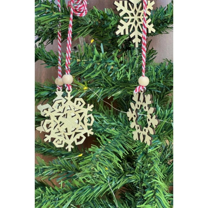 Pilli Peri Ledli 6 Parça Kırmızı Beyaz İpli Kar Tanesi Model Ahşap Yılbaşı Ağaç Süsü (4172)