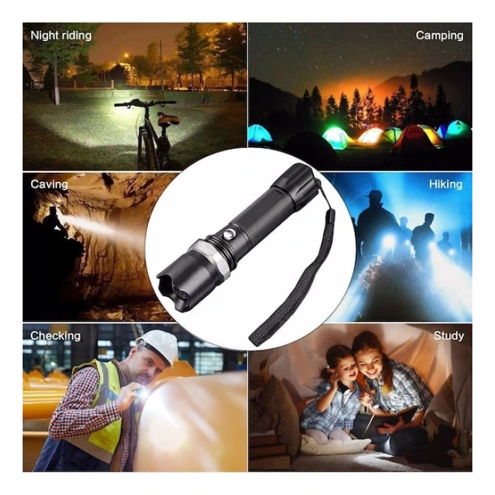 Profesyonel Şarjlı El Feneri Uzun Menzilli Şarjlı Zoomlu Süper Güçlü Acil Durum Feneri Çift Bataryal (4172)