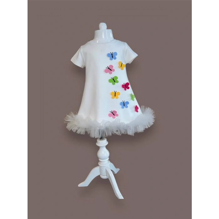 Renkli Kelebekler Nakışlı Eteği Fırfırlı Jile Çocuk Elbisesi Beyaz