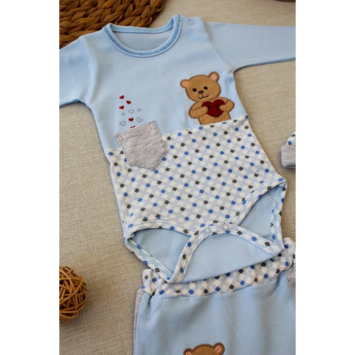 Romantik Aayıcık Nakışlı Şapkalı Uzun Kollu Zıbınlı 3lü Kız-erkek Bebek Takımı Mavi