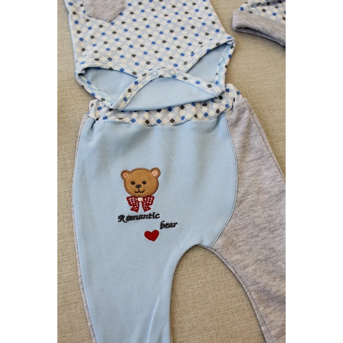 Romantik Aayıcık Nakışlı Şapkalı Uzun Kollu Zıbınlı 3lü Kız-erkek Bebek Takımı Mavi