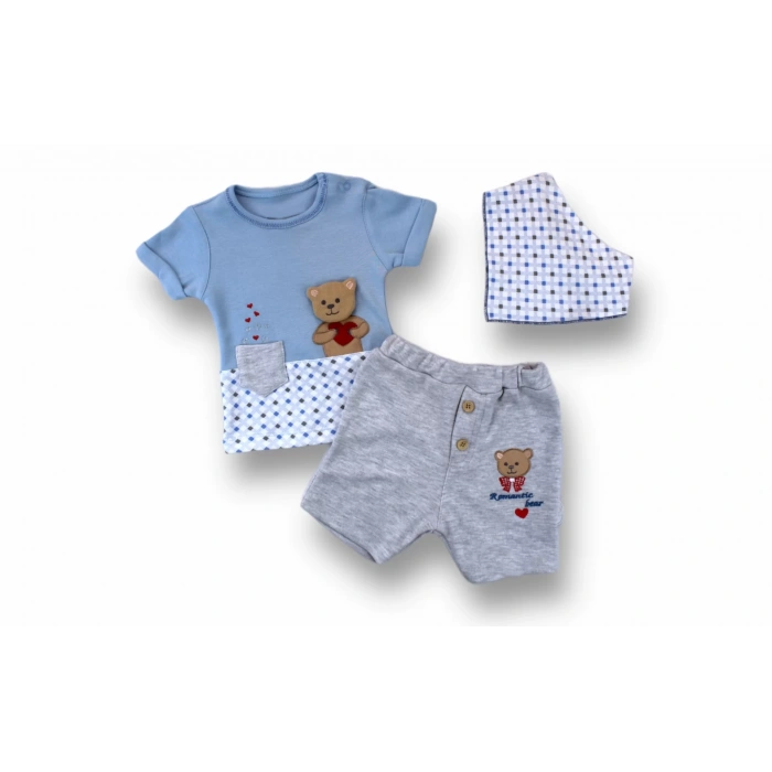 Romantik Ayıcık Nakışlı Bandajlı Kısa Kollu Sweatli 3lü Kız-erkek Bebek Takımı Mavi
