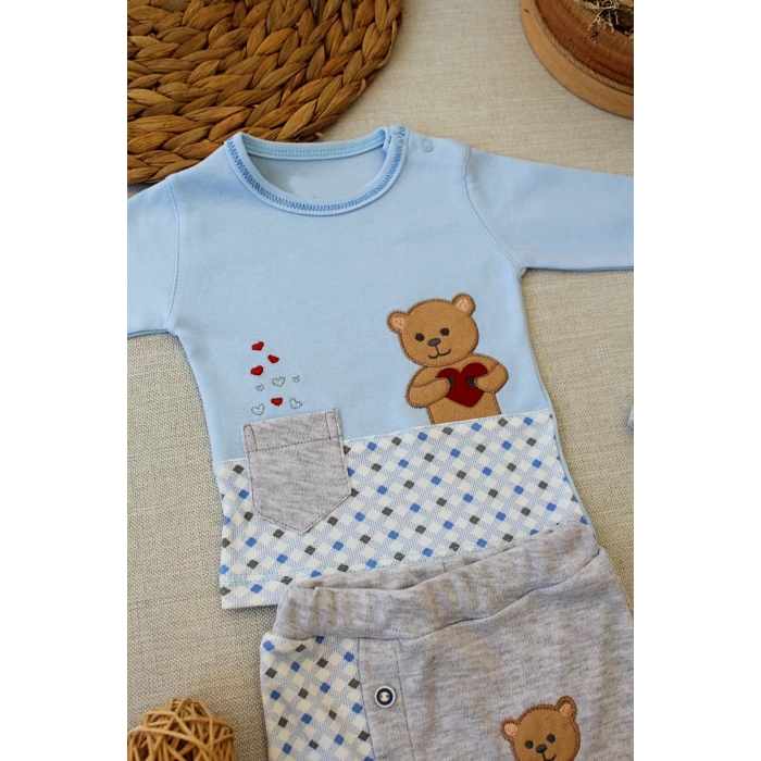 Romantik Ayıcık Nakışlı Şapkalı Uzun Kollu Sweatli 3lü Kız-erkek Bebek Takımı Mavi