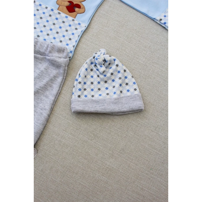 Romantik Ayıcık Nakışlı Şapkalı Uzun Kollu Sweatli 3lü Kız-erkek Bebek Takımı Mavi
