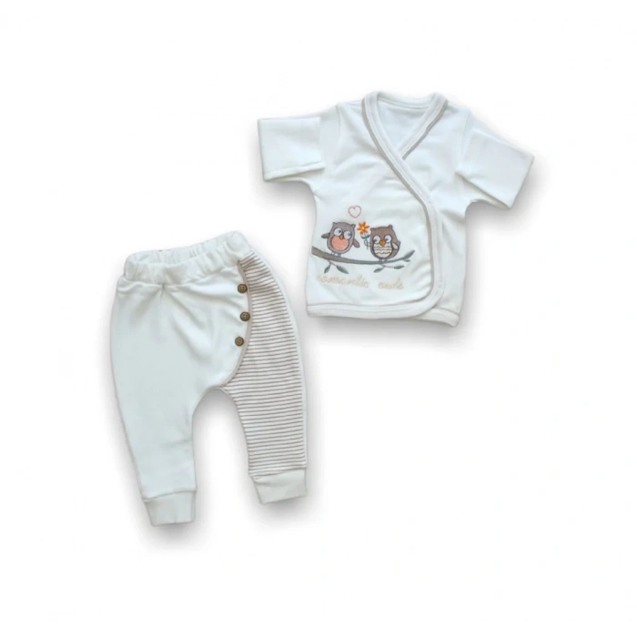 Romantik Çift Baykuş Nakışlı  5li Zıbın Takımı Hastane Çıkışı Ekru