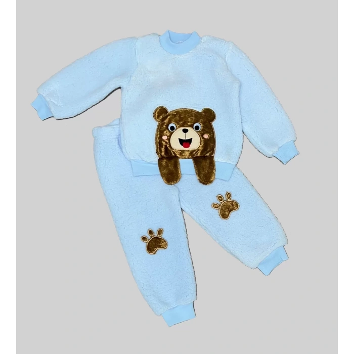 Sallanan El Ayıcıklı Kuzu Kumaş Sweat Patili Pantolon Uzun Kollu Kız Erkek 2 Li Takımı Mavi