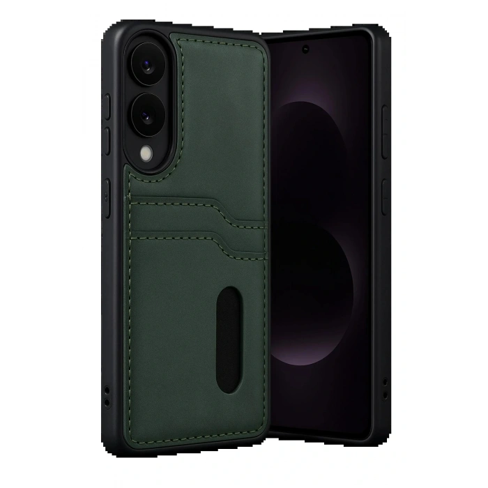 Samsung Galaxy S25 Edge Sara Kartvizitli Deri Kılıf - Koyu Yeşil