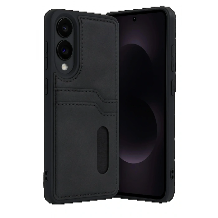 Samsung Galaxy S25 Edge Sara Kartvizitli Deri Kılıf - Siyah