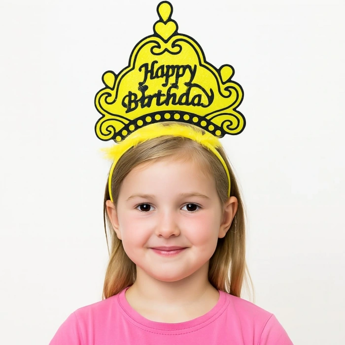 Sarı Happy Birthday Prenses Tacı – Doğum Günü Taç Aksesuarı (4172)