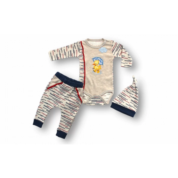 Şemsiyeli Ördek Nakışlı Şapkalı Uzun Kollu Zıbınlı 3lü Kız-erkek Bebek Takımı Mavi