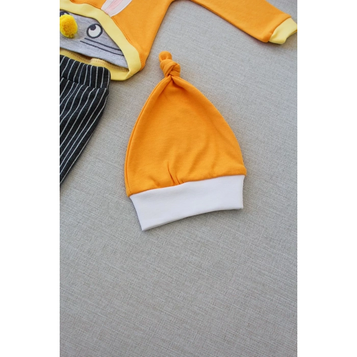 Şımarık Tavşan Nakışlı Şapkalı Uzun Kollu Sweat 3lü Kız-erkek Bebek Takımı Turuncu