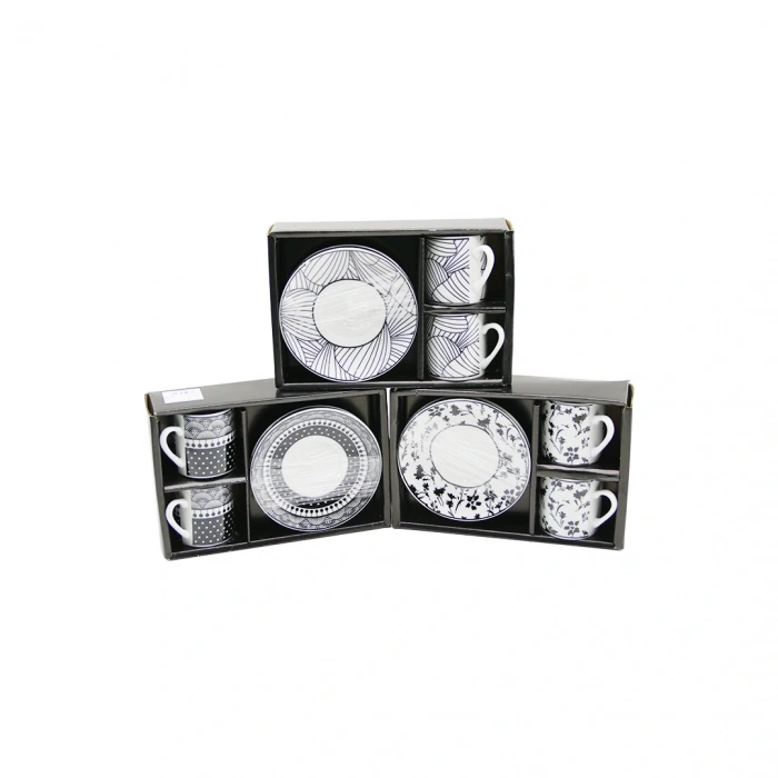 Siyah - Beyaz 4pcs=2-takım  Porselen Kahve Fincanı  Çiçek - Çizgi - Nokta Mix Desen (4172)
