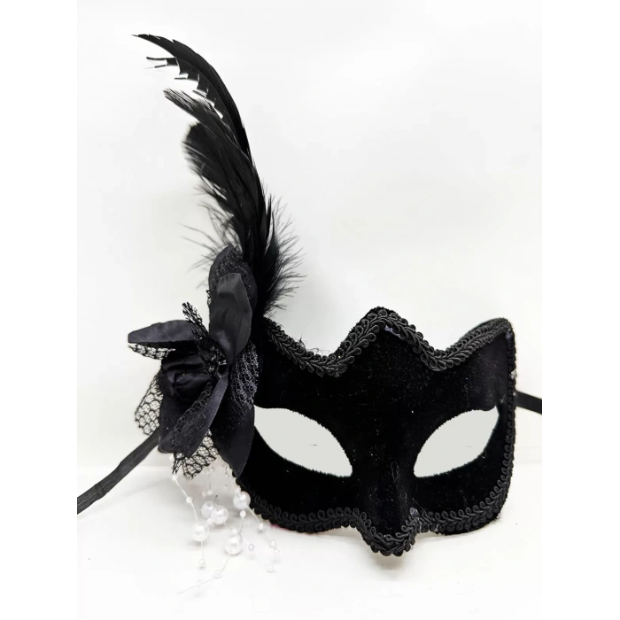 Siyah Renk Yandan Tüylü Beyaz İncili Süet Kaplama A Kalite Lüks Parti Maskesi 20x23 Cm (4172)