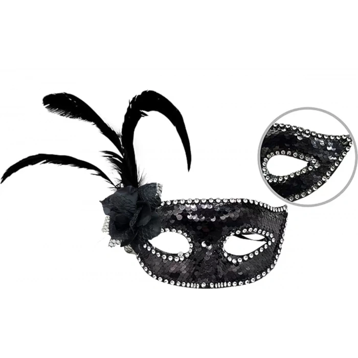 Siyah Renk Yandan Tüylü Güllü Gümüş Taşlı Pullu Maske 20x22 Cm (4172)