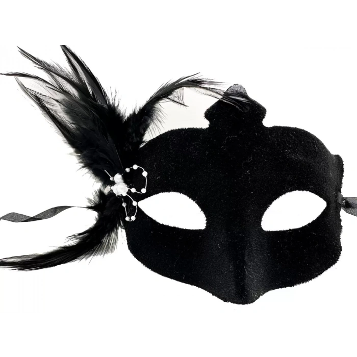 Siyah Renk Yandan Tüylü Süet Kaplama Beyaz İncili Parti Maskesi 18x15 Cm (4172)