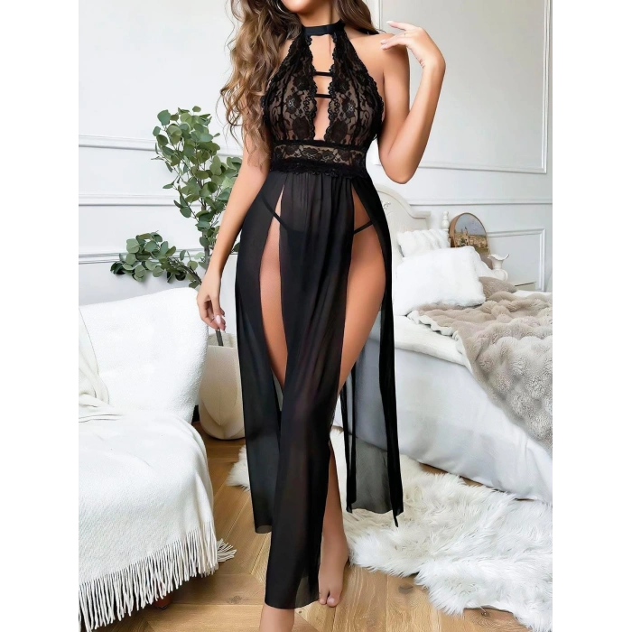 Siyah Uzun Derin Dekolteli Dantel Fantezi Gecelik
