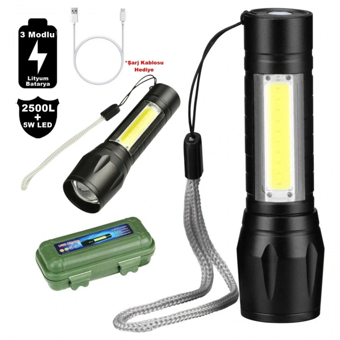Su Geçirmez Şarjlı El Feneri 2500 Lumens + 5w Cob Led Usb Lion Şarjlı Ultra Güçlü Q5 Xpe (4172)