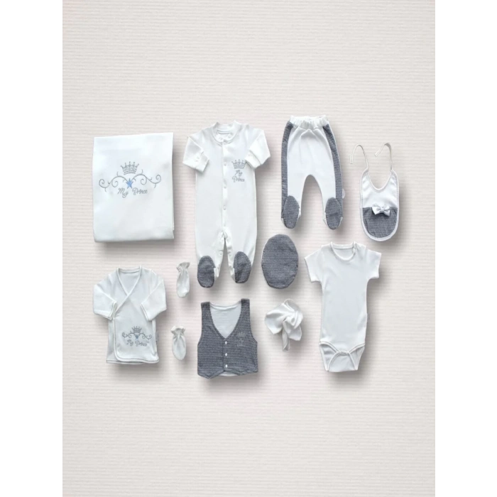 Süper Prens Nakışlı  10lu Zıbın Takımı Hastane Çıkışı Gri