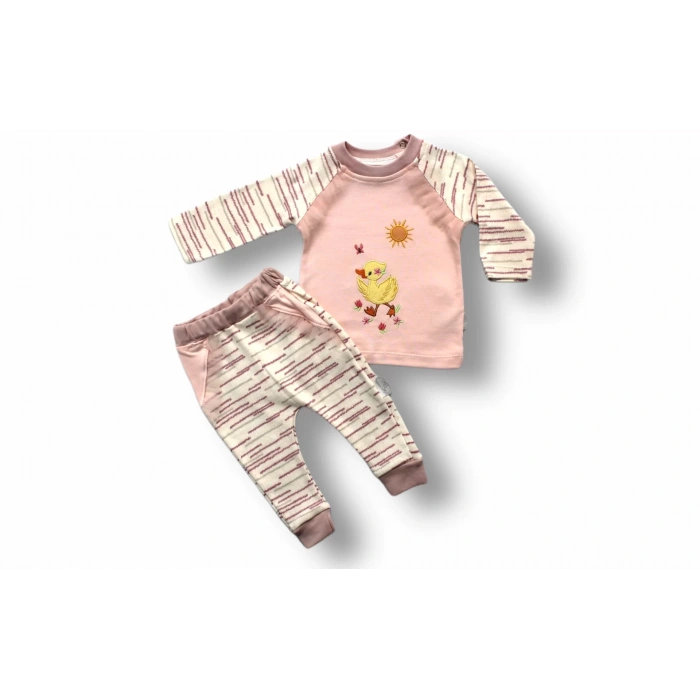 Süslü Ördek Nakışlı Uzun Kollu Sweatli 2li Kız Bebek Takımı Pembe
