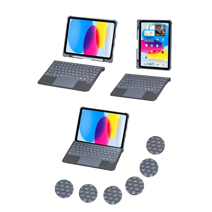 T5508D iPad 2022 10.9 (10.Nesil) Kılıf Palermo Ledli Klavyeli Standlı Tablet Kılıfı - Siyah