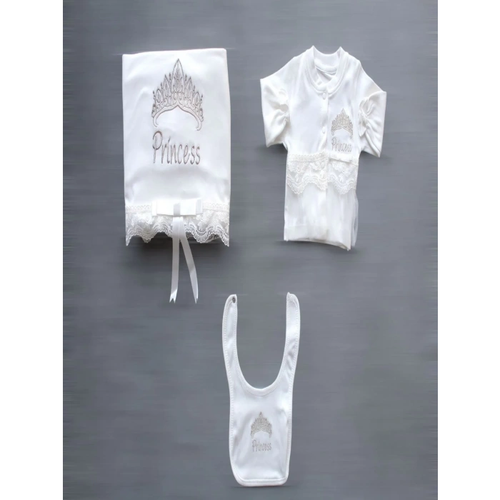 Taçlı Prensesim Nakışlı  10lu Zıbın Takımı Hastane Çıkışı Ekru
