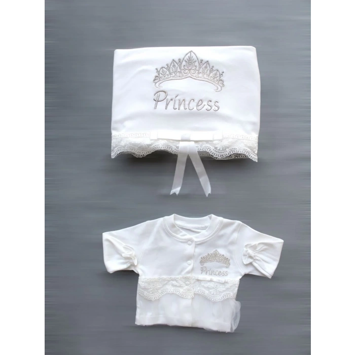 Taçlı Prensesim Nakışlı  10lu Zıbın Takımı Hastane Çıkışı Ekru