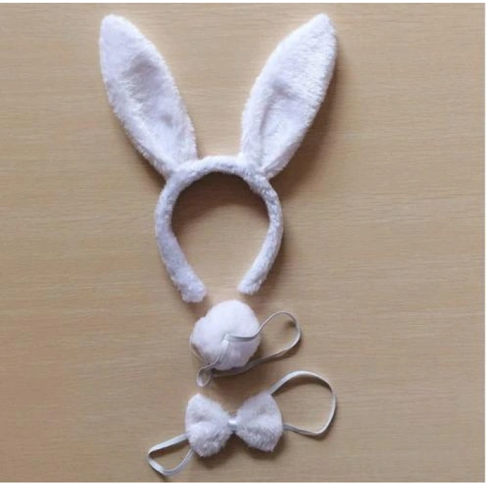 Tavşan Kostüm Seti Taç Papyon Kuyruk Beyaz Renk (4172)