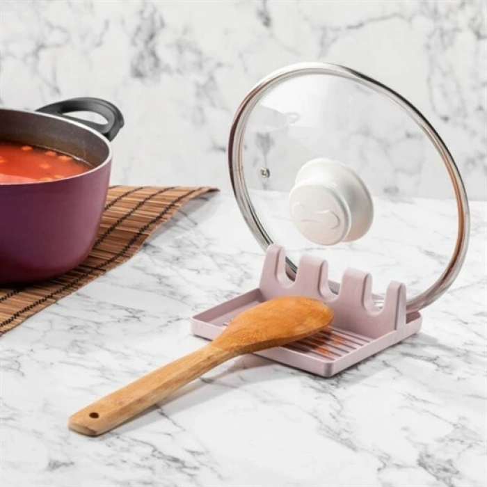 Tencere Kapak Tutuculu Kaşıklıklı Tencere Kapak Standı Pratik Kaşık Kepçe Altlık Düzenleyici (4172)