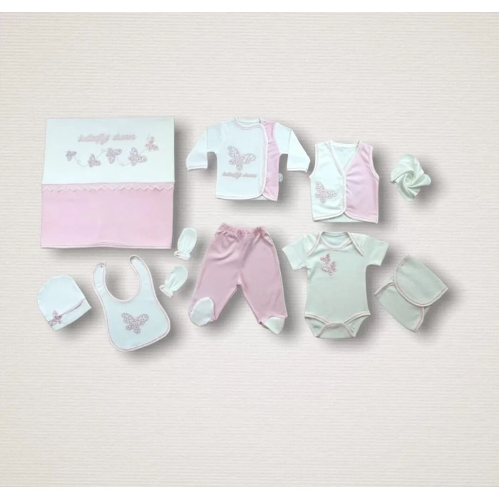 Uçan Kelebekler Nakışlı  10lu Zıbın Takımı Hastane Çıkışı Pembe