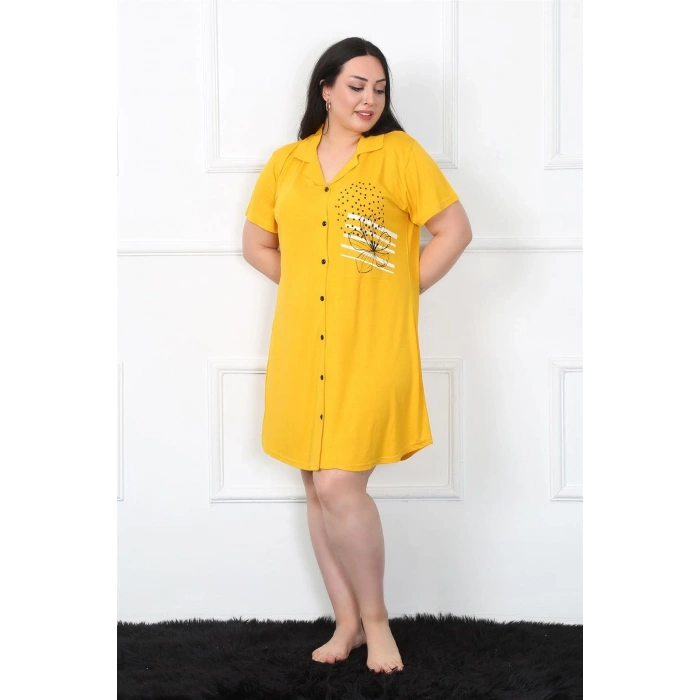venüsshopping- Büyük Beden Penye Düğmeli Sarı Tunik Gecelik