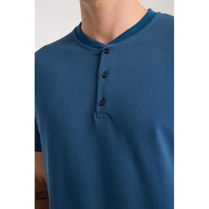 venüsshopping- Erkek İndigo Düğmeli Yaka Kısa Kol Pijama Takımı