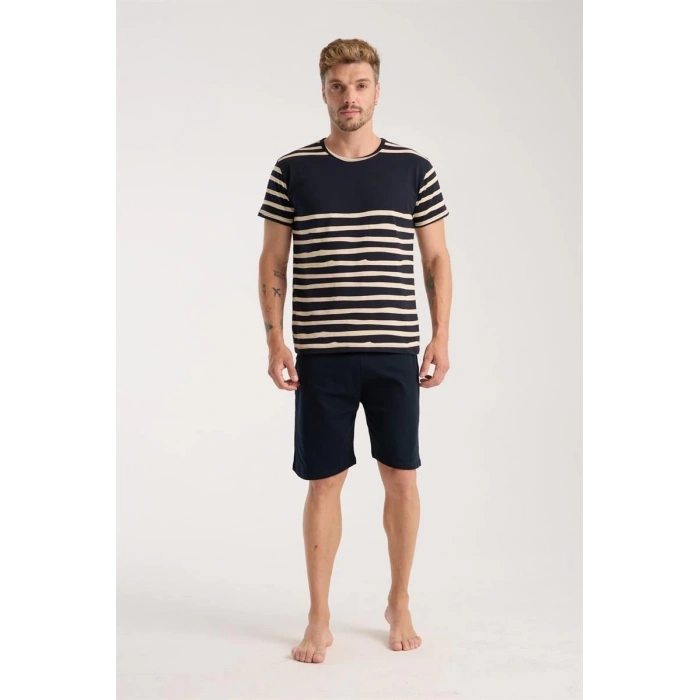 venüsshopping- Erkek Lacivert Sıfır Yaka Kısa Kol Şortlu Pijama Takımı