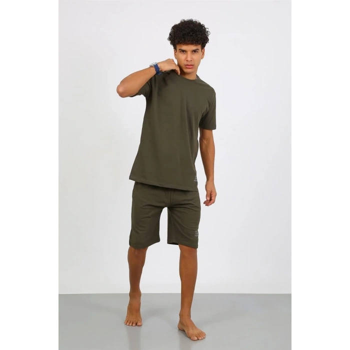 venüsshopping- Erkek Pamuk Lakost Alt Üst Kaprili Pijama Takım Haki