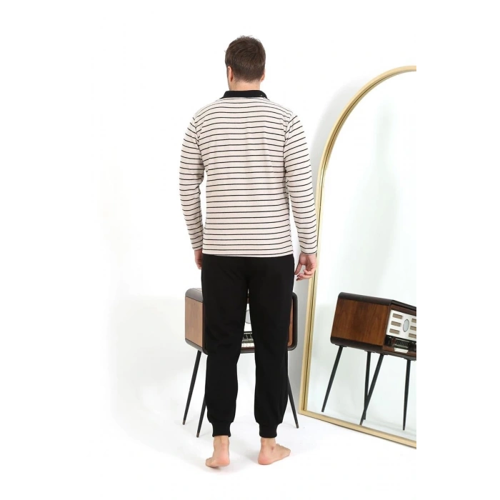 venüsshopping- Erkek Polo Yaka Uzun Kol Penye Pijama Takımı Krem