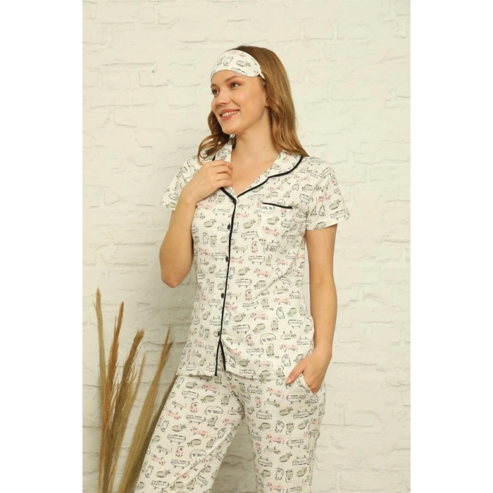 venüsshopping- Kadın %100 Pamuk Önden Düğmeli Kısa Kol Pijama Takım Ekru