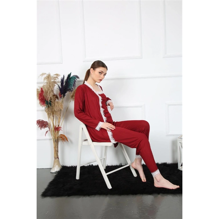 venüsshopping- Kadın 3lü Bordo Sabahlık Takım