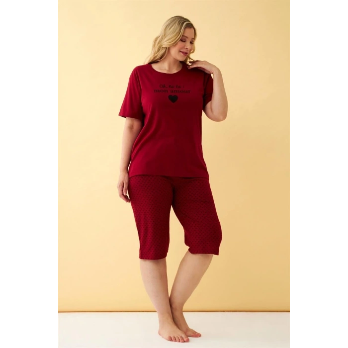 venüsshopping- Kadın Bordo Kalp Desenli Büyük Beden Kapri Pijama Takımı