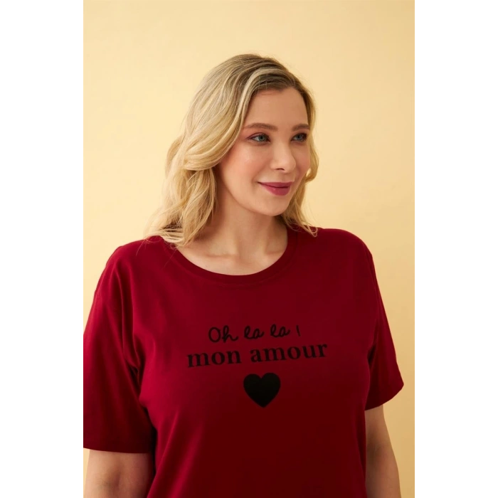 venüsshopping- Kadın Bordo Kalp Desenli Büyük Beden Kapri Pijama Takımı