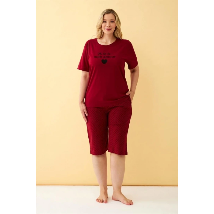 venüsshopping- Kadın Bordo Kalp Desenli Büyük Beden Kapri Pijama Takımı