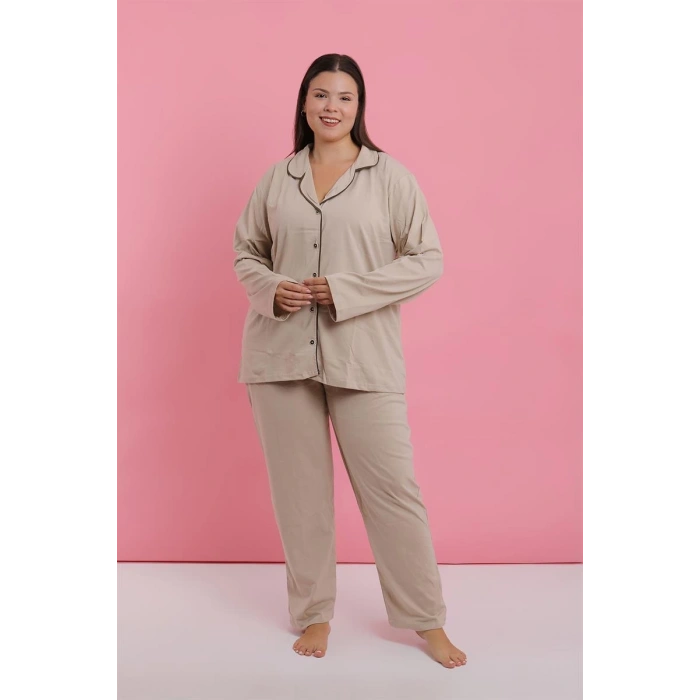 venüsshopping- Kadın Büyük Beden Bej Düğmeli Pijama Takımı
