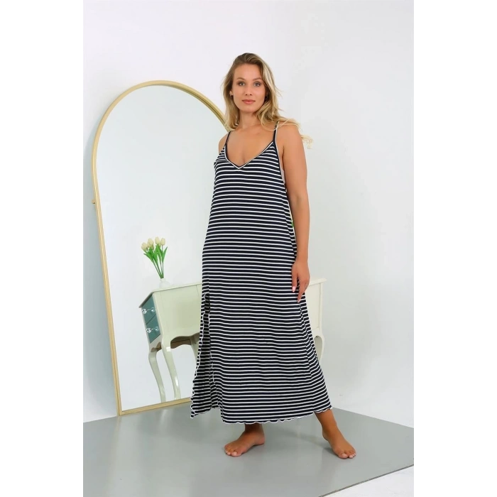 venüsshopping- Kadın Büyük Beden İp Askılı Pamuklu Uzun Gecelik