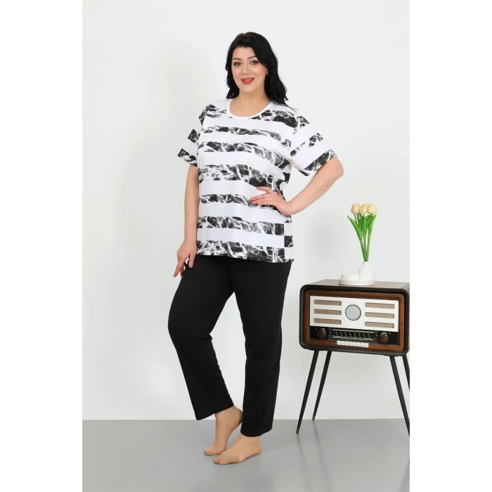 venüsshopping- Kadın Büyük Beden Kısa Kol Penye Pijama Takımı Beyaz