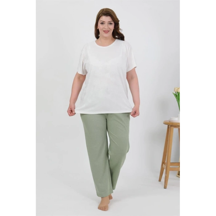 venüsshopping- Kadın Büyük Beden Kısa Kol Penye Pijama Takımı Beyaz