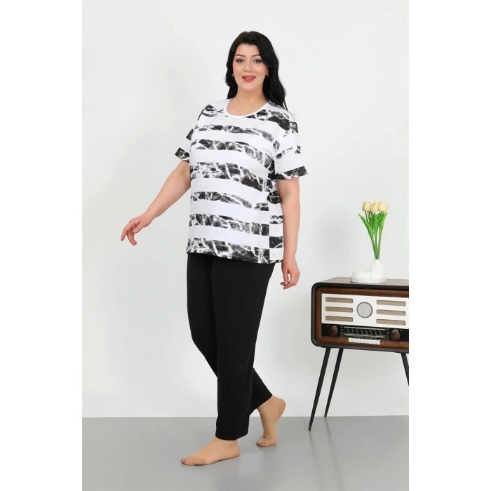 venüsshopping- Kadın Büyük Beden Kısa Kol Penye Pijama Takımı Beyaz